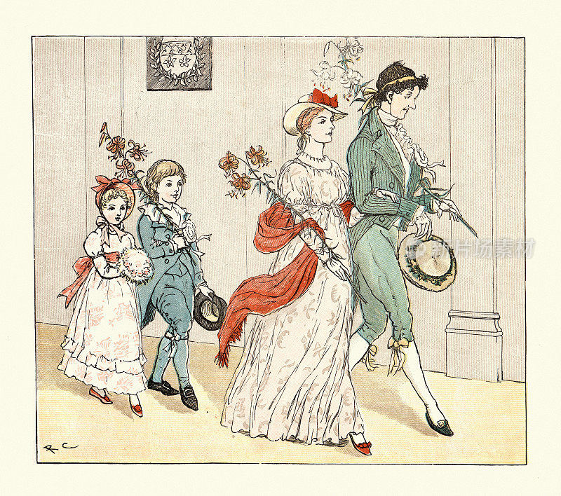 来自伟大Panjandrum本人的场景的老式插图，由Randolph Caldecott插图。一对夫妇和两个孩子拿着18世纪风格的花